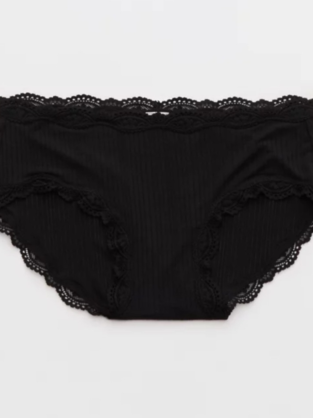aerie Ribbed Lace-Trim Bikini Panty - Black